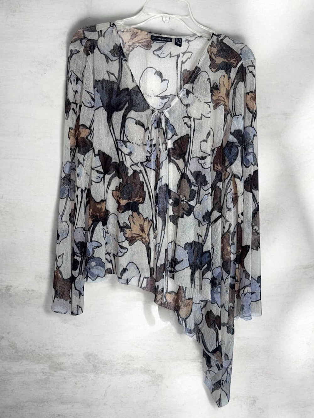 Attitudes by Renee Floral Asymmetric Tie-Front Blouse in White, Blue and Brown
